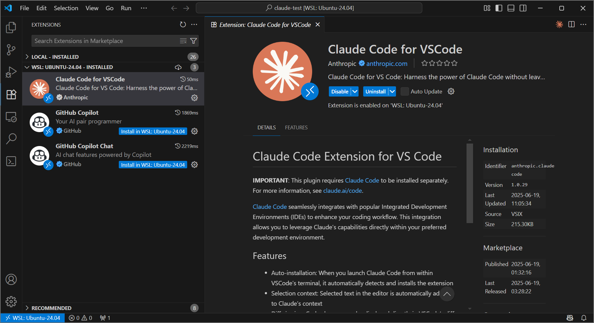 WSL2にインストールされたClaude Code拡張機能